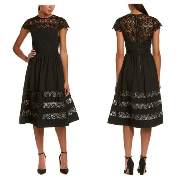 ALICE & OLIVIA Black Mallie Dress Size 0 XS Lace Midi Elegant AUDREY HEPBURN - Picture 2 of 13